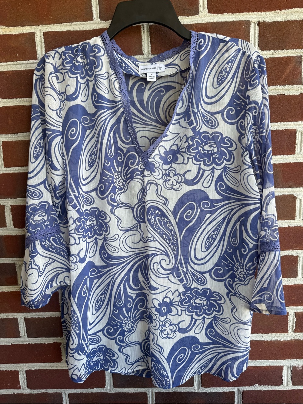 Susan Graver Blue & White Paisley Floral V-Neck Tunic